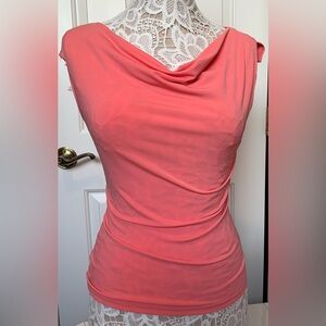 Wrapper pink split cap sleeve blouse, cowl neckline medium, stretchy base piece